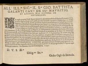 Dedikation an Giovanni Battista, Cavaliere de Santi Mauritio de Lazaro, von Giulio Gigli da Immola