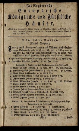 Itzt Regierende Europäische Königliche und Fürstliche Häuser