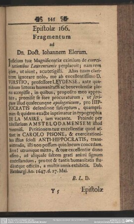 Epistolae 166. Fragmentum ad Dn. Doct. Iohannem Elerum