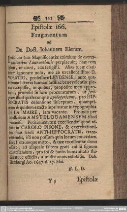 Epistolae 166. Fragmentum ad Dn. Doct. Iohannem Elerum