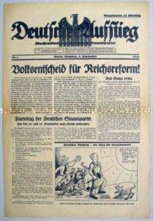 Erste Ausgabe der Wochenzeitung der Deutschen Staatspartei "Deutscher Aufstieg" mit der Forderung nach einem Volksentscheid über die Reichsreform