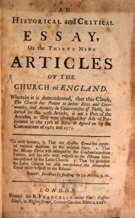 An historical and critical essay on the thirty nine Articles of the Church of England