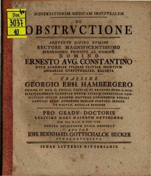 Dissertationem Medicam Inavgvralem De Obstrvctione