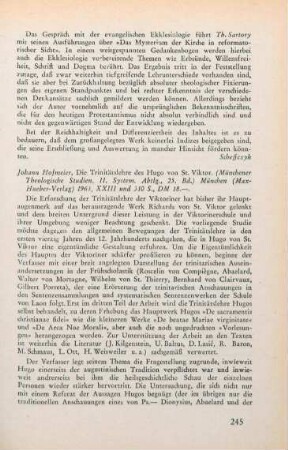245-246 [Rezension] Hofmeier, Johann, Die Trinitätslehre des Hugo von St. Viktor