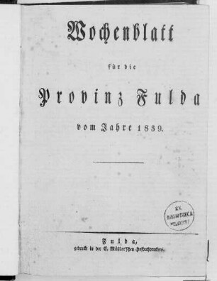 1839: Wochenblatt für die Provinz Fulda