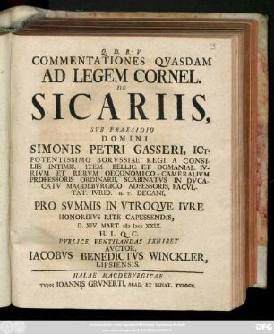Commentationes Qvasdam Ad Legem Cornel. De Sicariis