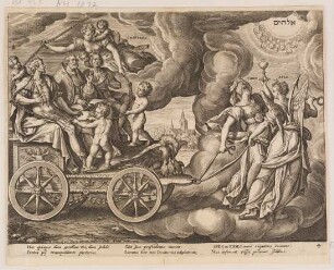 Spes und Fides ziehen Triumphwagen mit Caritas