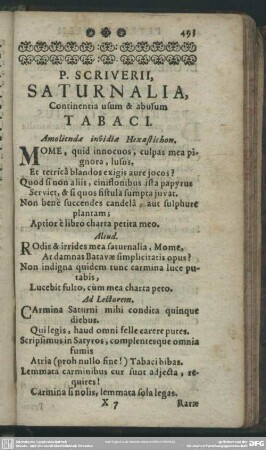 P. Scriverii, Saturnalia, Continertia usum & abusum Tabaci