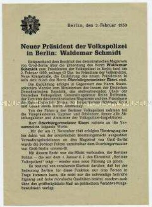 Informationsblatt über Amtseinführung von Waldemar Schmidt als neuen Präsidenten der Volksploizei in Berlin, mit Rede von Oberbürgermeister Ebert