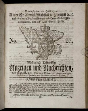 No. 27. Montags, den 7ten Julii, 1755.