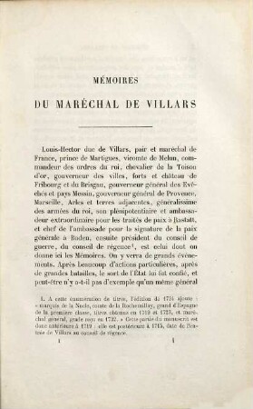 Mémoires du Maréchal de Villars publiés d'après le manuscrit original pour la société de l'histoire de France et accompagnés de correspondances inédites par M. le Mis de Vogüé, 1