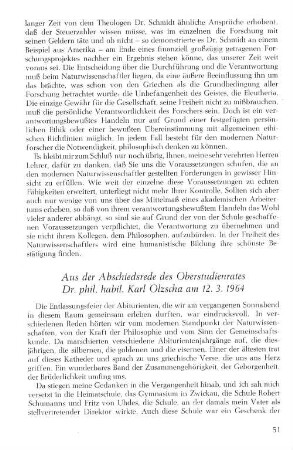 Aus der Abschiedsrede des Oberstudienrates Dr. phil. habil. Karl Olzscha am 12.3.1964