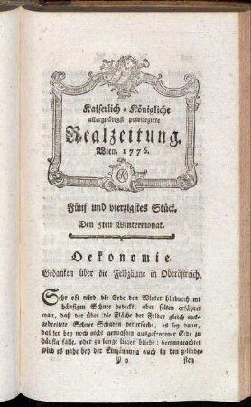 Fünf und vierzigstes Stück. Den 5ten Wintermonat. Wien, 1776.