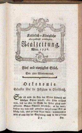 Fünf und vierzigstes Stück. Den 5ten Wintermonat. Wien, 1776.