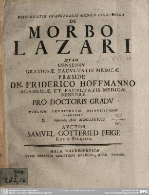 Dissertatio Inauguralis Medico Chirurgica De Morbo Lazari