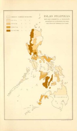 Islas Filipinas. Mapa que demuestra la producción de azúcar en kilógramos por cada hectárea de terreno cultivado