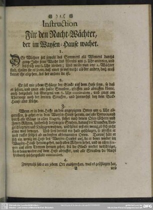 Instruction für den Nacht-Wächter, der im Waysen-Hause wachet