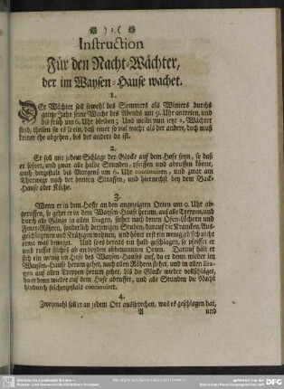 Instruction für den Nacht-Wächter, der im Waysen-Hause wachet