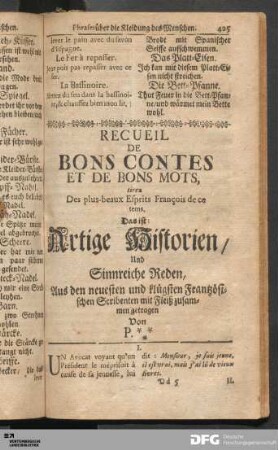 Recueil De Bons Contes Et De Bons Mots ... Das ist: Artige Historien / Und Sinnreiche Reden...