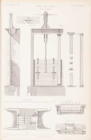 Landwehrkanal, Berlin: Untere Freiarche: Ansicht, Grundriss, Schnitte (aus: Atlas zur Zeitschrift für Bauwesen, hrsg. v. G. Erbkam, Jg. 2, 1852)