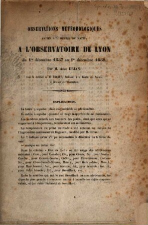 Observations météorologiques faites à l'Observatoire de Lyon. 1857/60