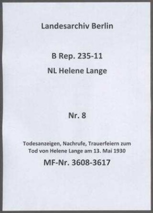 Todesanzeigen, Nachrufe, Trauerfeiern zum Tod von Helene Lange am 13. Mai 1930