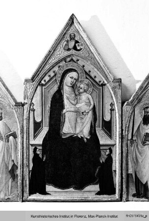 Triptychon mit der Madonna, Stiftern und den Heiligen Franziskus, Petrus, Paulus und Augustinus, segnender Christus und Verkündigung : Mittlere Tafel mit der Madonna