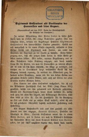 Sigismund Gossembrot als Vorkämpfer der Humanisten und seine Gegner : Separatabdruck aus dem XXV. Bande der Vierteljahrschrift für Geschichte des Oberrheins. v. Jahre 1873
