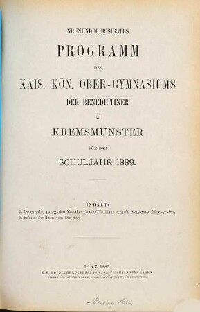 Programm des Obergymnasiums der Benediktiner zu Kremsmünster. 1888/89 = 39