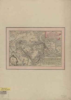 Plan von dem Lager zwischen Pirna und Königstein 1756, 1:70 000, Kupferstich, 1757 : Lager derer Sächsischen Preußischen Armeén bey Pirna samt umliegender Gegend / L. Schönaich v. Arnim Cür.. - [Ca. 1:70 000]. - [S.l.] , 1757. - 1 Kt. : kolor. Kupferst. ; 28 x 19 cm