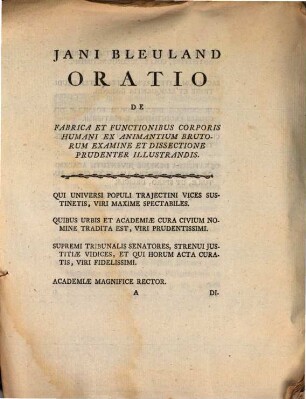 Oratio de fabrica et functionibus corporis humani ex animantium brutorum examine et dissectione prudenter illustrandis