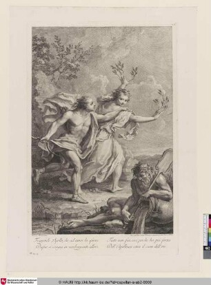 Fliehende Daphne, sich bereits in einen Lorbeerbaum wandelnd und verfolgt von Apollon; Peneios im Vordergrund an einem Flussufer.