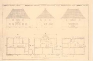 Wohnhaus für die Siemens-Schuckert-Werke, Nürnberg: Grundriss KG EG OG und 3 Ansichten 1:100
