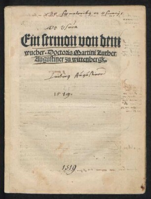 Ein sermon von dem || wucher. Doctoris Martini Luther || Augustiner zu wittenbergk.||