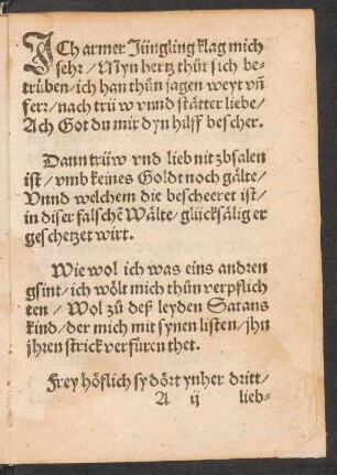 JCh armer Jüngling klag mich || sehr/ Myn hertz thut sich be=||trüben/