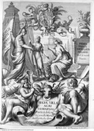 Regiae villae poetice descriptae; et regiae celsitudini Victoris Amedei II. ..., Allegorische Titelillustration