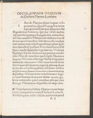 Oecolampadii Iudicium de Doctore Martino Lutthero.