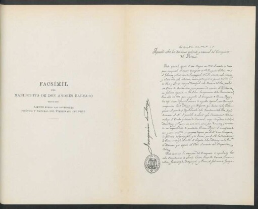 Facsímil del Manuscrito de Don Andrés Baleato titulado apunte sobre las divisiones política y natural del Virreinato del Perú