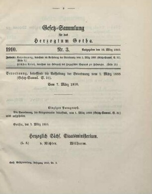 3. Verordnung, betreffend die Aufhebung der Verordnung über die Kriegervereine vom 1. März 1888 (Gesetz-Samml. S. 31). Vom 7. März 1910