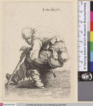 [Sitzender Bettler; Seated Beggar; Un gueux accroupi sur une butte, s'appuyant de ses deux mains sur son bâton]