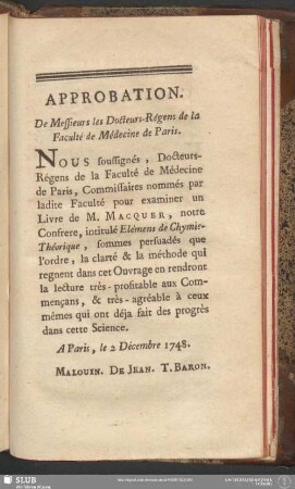 Approbation. Des Messieurs les Docteurs-Régens de la Faculté de Médecine de Paris