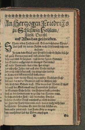 An Hertzogen Friedrichs zu Schleßwig Holstein/ Fürstl. Durchl. ... [u. a.]