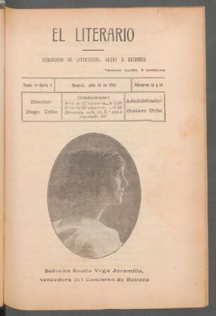 [Retrado de] Señorita Rosita Vega Jaramillo, vencedora del concurso de belleza