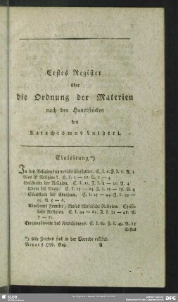 Erstes Register über die Ordnung der Materien nach den Hauptstücken des Katechismus Lutheri