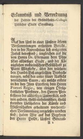 Erkanntniß und Verordnung der Herren des Gesundheits-Collegii Löblicher Stadt Straßburg