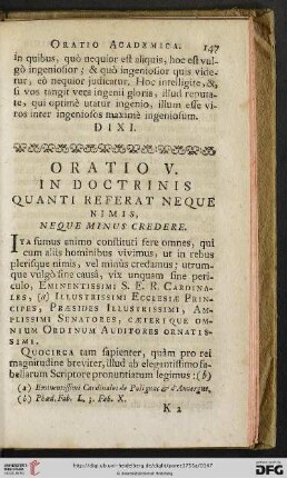 Oratio V: In Doctrinis quanti referat neque nimis, neque minus credere