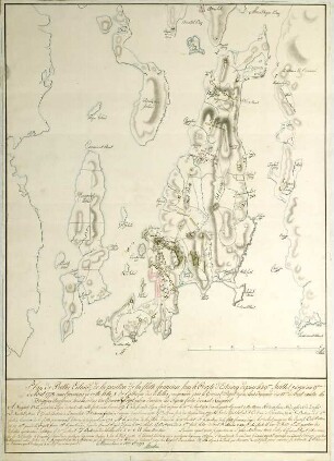 WHK 29 Nordamerikanische Kriege von 1775-1782: Plan von Rhode-Island mit der Position der französischen Flotte unter Comte d'Estaing von 29. Juli bis 9. August mit dem Angriff der Amerikaner gegen die englischen Truppen am 11. August 1778, die hinter der Linie vor Newport lagen