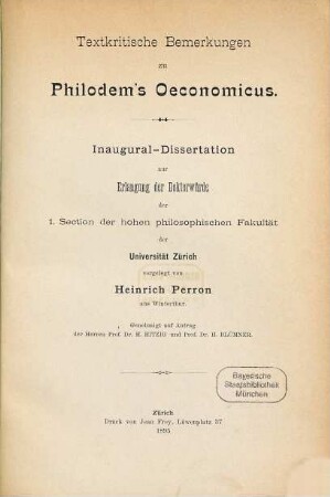 Textkritische Bemerkungen zu Philodem's Oeconomicus