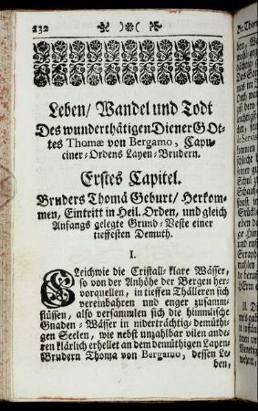 Leben/ Wandel und Todt Des grossen wunderthätigen Diener Gottes Thomæ von Bergamo, Capuciner-Ordens Layen-Brudern.