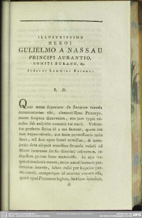 Illustrissimo Heroi Gulielmo a Nassau Principi Aurantio, Comiti Burano, & [et]c. Jodocus Lommius Buranus